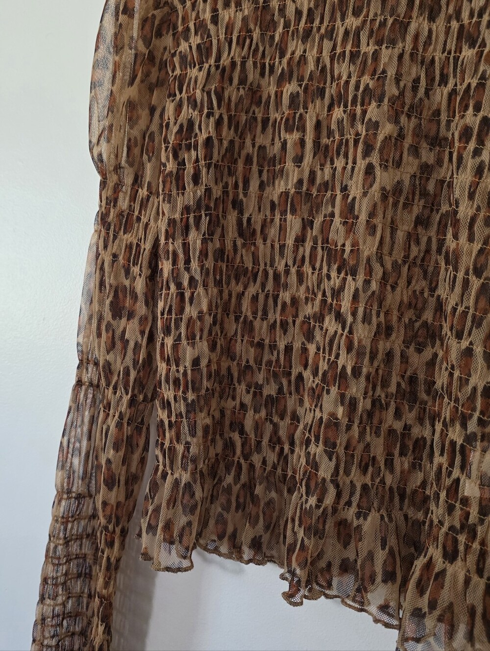 Free People Hello There Smocked Leopard Print Sheer Top Indie Sleaze Y2K Large - Picture 2 of 10